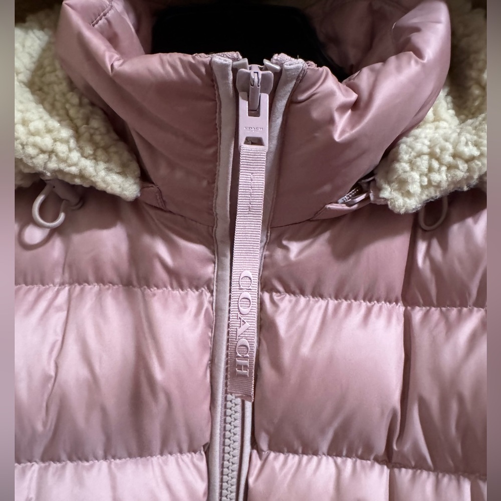 Coach Blush Pink Rose Quilted Long Slim Puffer Hooded Jacket size L - Picture 4 of 13